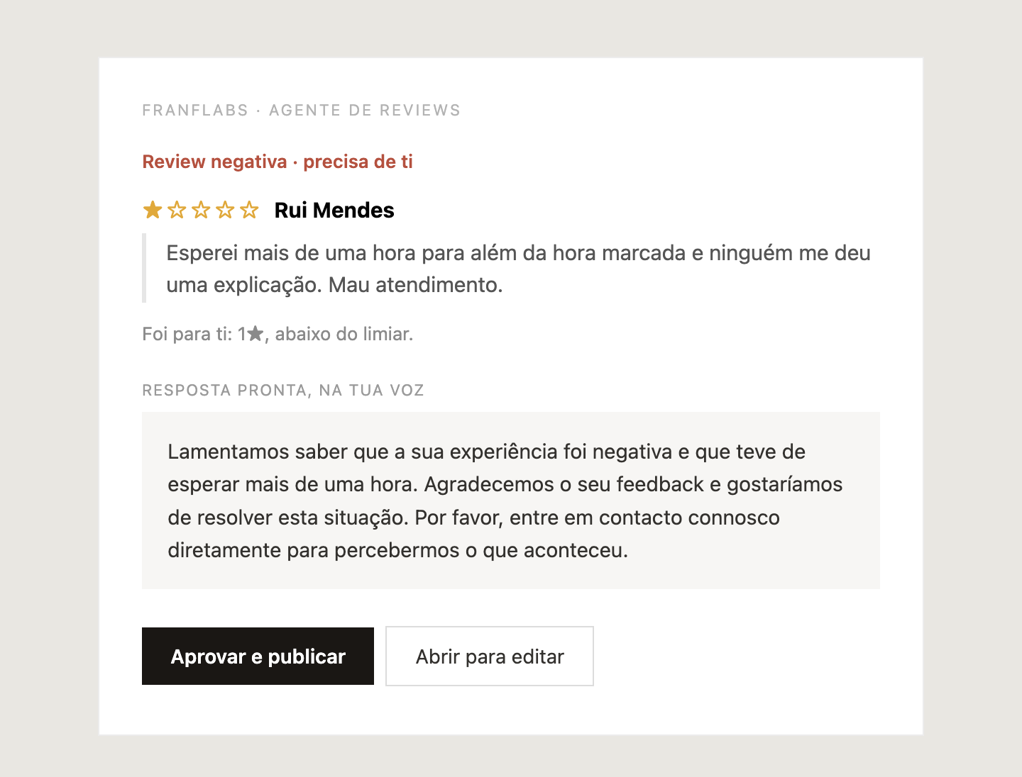 Alerta por email de uma review negativa, com a resposta pronta e um botão de aprovar e publicar